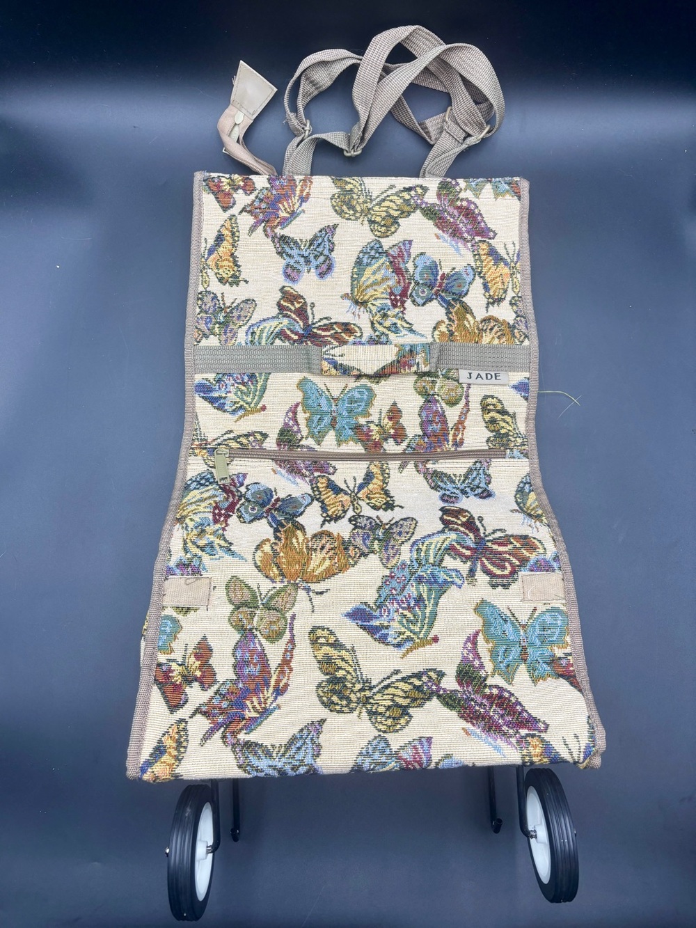 Vintage JADE Butterfly Tapestry Rolling Shopping Bag Folding Cart Tote | 22”